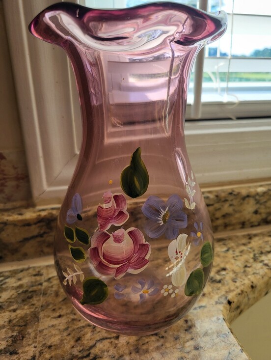 Fenton Jewelry - Fenton Light Pink 8 Inch Vase With Handpainted Floral